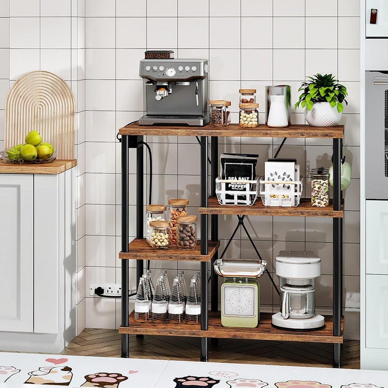 HOOBRO Bakers Rack with Power Outlet, Microwave Stand with 5 S-Shaped Hooks, Coffee Bar, Kitchen Storage Shelf, for Kitchen, Living Room, Rustic Brown and Black BF07UHB01 - Image 5